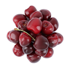 Tasty ripe red cherries isolated on white, top view