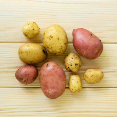 Red and yellow young potatoes on a light wooden background