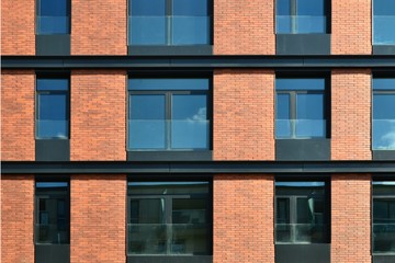 Red brick industry building facade. Red brick construction, modern building facade with a blue...