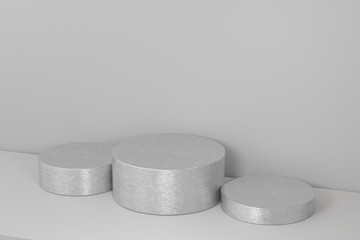 Silver cylinder podium background. Abstract pedestal scene with geometrical. Scene to show cosmetic products presentation. Mock up design empty space.Showcase,shopfront,display case,3d illustration