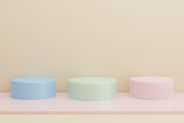 3d illustration pedestal,geometric pastel cylinder podium platform for cosmetic product presentation.Mock up design empty space. Abstract composition in pastel background modern style