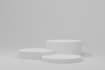 3d illustration pedestal,geometric step cylinder podium platform for cosmetic product presentation.Mock up design empty space. Abstract composition in white background modern style