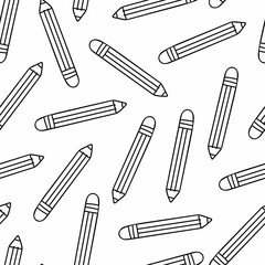 Pensil line seamless pattern. School supplies, education accessories pencils black doodle cartoon isolated on white background creative design textile wrapping paper wallpaper vector texture