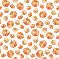 Watercolor seamless pattern orange pumpkins, healthy diet food ingredient