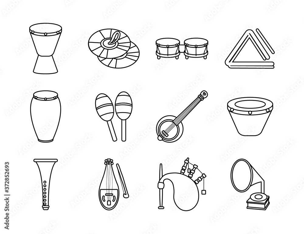 Wall mural bundle of twelve musical instruments set icons