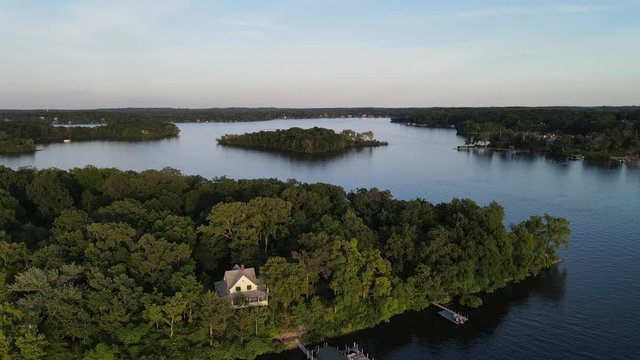 aerial view of amazing islands in a lake during summer time