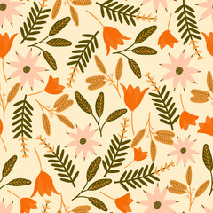 seamless floral pattern with hand drawn pink orange wildflowers. Perfect for apparel,fabric, textile, decoration,wrapping paper, postcard, stationary.