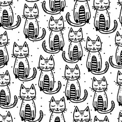 Black Cats on white background seamless vector pattern. Animal kids design with cute monochrome Kittens. Creative childish texture with cats. For fabric, textile, kids decor, fashion