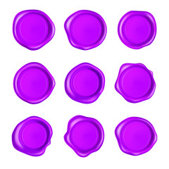 Purple wax seal set. Wax seal stamp set isolated on white background. Realistic guaranteed purple stamps. Realistic 3d vector illustration