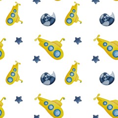 Seamless watercolor cute pattern with submarine, seashells and stars on white background