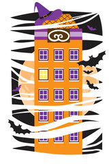Spooky house with hat, full moon and bats during halloween, flat vector stock illustration, card, invitation, greeting for halloween party
