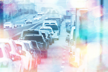 hot summer day on the road landscape in traffic jam / abstract urban view in traffic