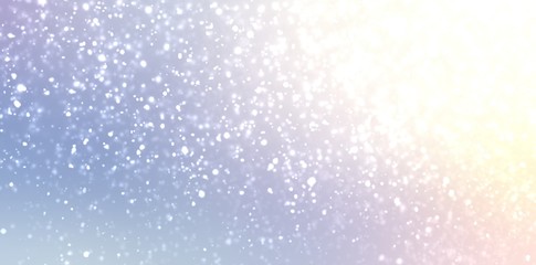 Bright shine on winter defocus empty background. Snowfall texture on blue lilac yellow ombre.