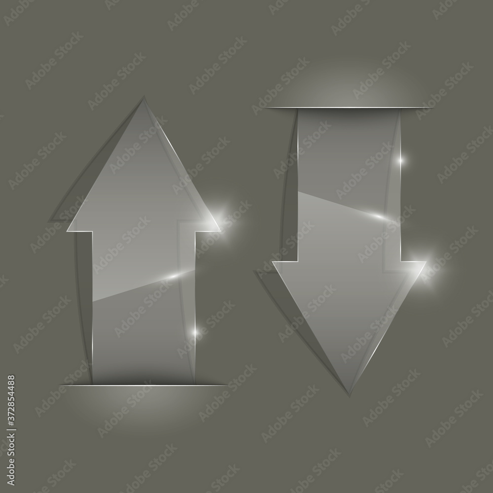 Poster Transparent arrow banners set. Direct glassy shape. Abstract arrows Background. Business infographic presentation diagram. Section compare service. down arrow trend. Paper index. Exact pointer