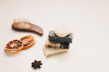 Beauty, spa, treatment, wellness composition with natural organic handmade soap and ingredients. Hygiene, care concept.
