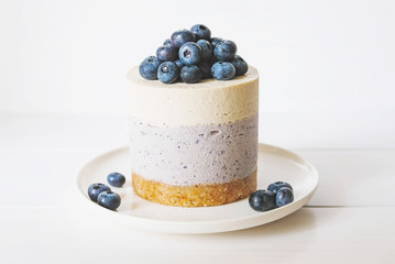 Vegan vanilla blueberry cheesecake against white background.