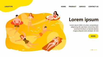 Happy people swimming in sea isolated flat vector illustration. Cartoon characters playing and relaxing in ocean water. Summer activity and vacation concept