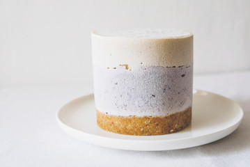 Vegan vanilla blueberry cheesecake against white background.
