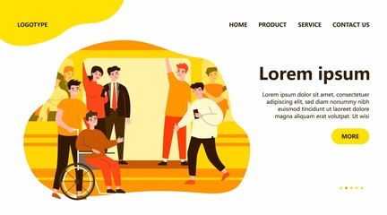 Handicapped guy and his helper travelling by subway train. Help, city transport, wheelchair flat vector illustration. Disabled people support concept for banner, website design or landing web page