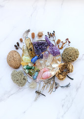 Chakra gemstones crystals and nature magic things. Witchcraft Ritual, energy healing minerals....