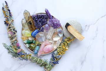 Chakra gemstones crystals and nature magic things. Witchcraft Ritual, energy healing minerals....