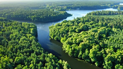 Sunrise over river and forest in Poland, aerial view - Powered by Adobe