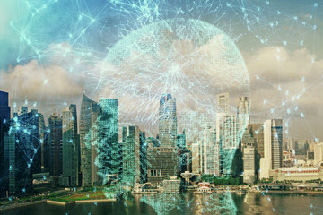 Brain hologram drawing on cityscape background multi exposure. Ai in modern city concept.