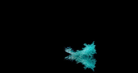 falling blue feather drifting slowly onto a reflective surface.