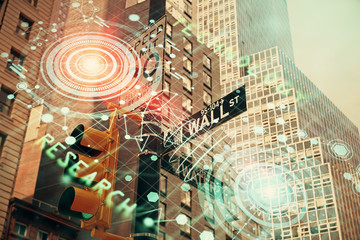 Data theme hologram drawing on city view with skyscrapers background multi exposure. Bigdata concept.