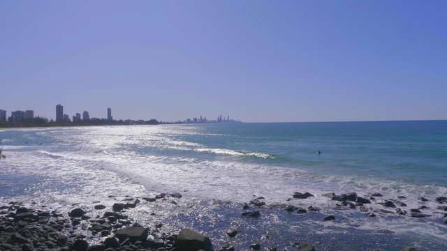 Touristic Beach At The Burleigh Heads - Coastal Suburb In Gold Coast City, Queensland, Australia - wide shot