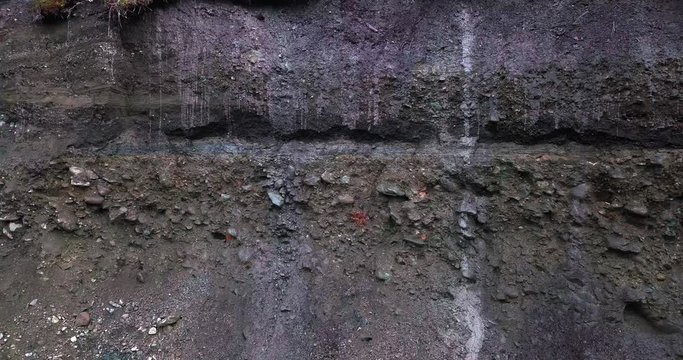 Rough sand layers, pattern, mud, crust, dirt and brown mud of old creek chanel beneath earth surface, handheld close up pan left