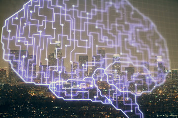 Brain hologram drawing on city scape background Double exposure. Brainstorming concept.