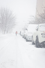 Cars parking under snow on the street. City storm.