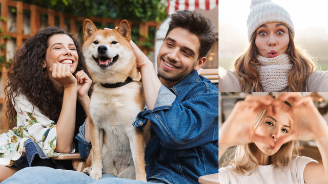 Collage image of young caucasian people with dog looking at camera