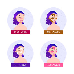 Facial skin problems. A young girl with unhealthy skin. Vector illustration of a cute girl with rosacea, melasma, psoriasis, vitiligo. Hand drawing of a girl with skin diseases.