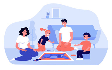Happy parents and kids playing board game at home. Couple with two teenage children enjoying fun time in living room. For family entertainment, leisure, parenthood concept