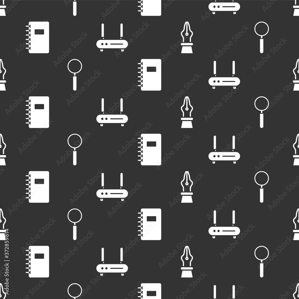 Poster set fountain pen nib, magnifying glass, spiral notebook and router and wi-fi signal on seamless patt
