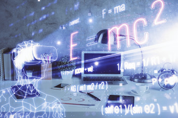 Desktop computer background and formula hologram writing. Double exposure. Education concept.