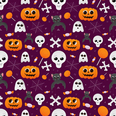 Halloween cute seamless pattern with pumpkins, ghosts, bats, skulls and sweets for textile, print, holiday wrapping paper, trick or treat party
