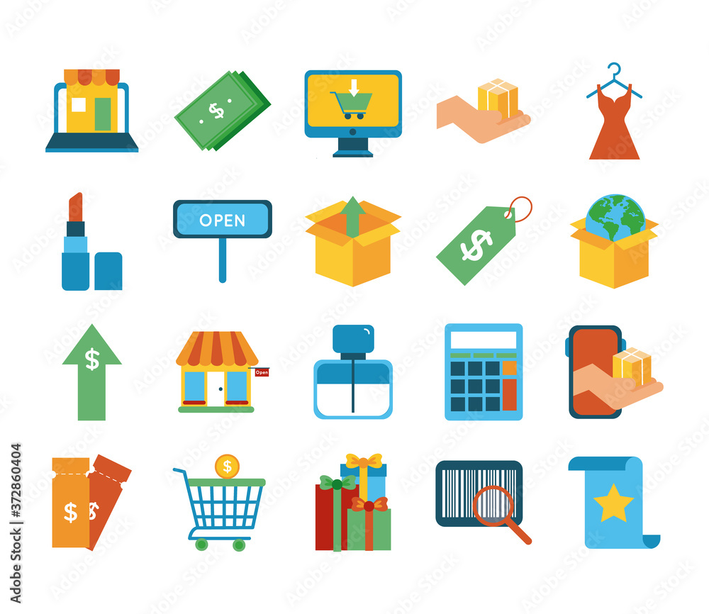 Poster bundle of twenty shopping set collection icons
