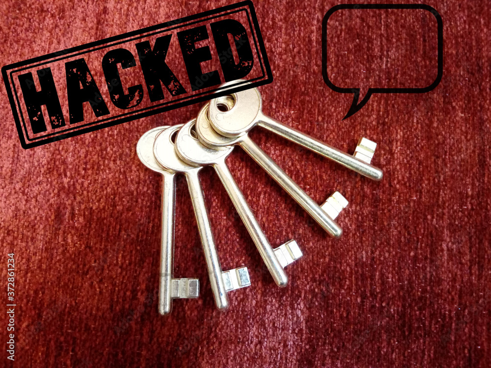 Aufkleber overhead shot of five golden keys on red textured background with hacked stamp and a speech balloon