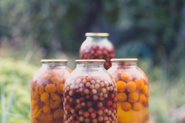Jars with compote on table. Sealed glass jars with kompot placed on table near flowers and fruits on summer day in garden
