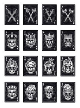 Playing poker cards with skulls set. Black kings, queens, jokers, ace of all suits. Vector illustrations collection for gambling, poker club, online game concept