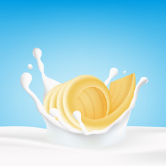 Twisted piece of butter in milk splash realistic mockup vector illustration.