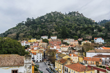 Aerial view of the historic part of Sintra, Portugal. Sintra is a municipality in the Grande Lisboa sub region, delightful Portuguese town that has an abundance of wonderful tourist attractions.