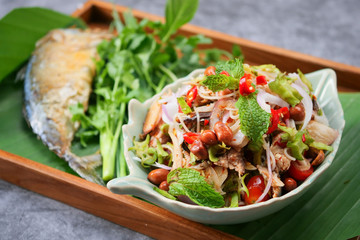 Traditional thai cuisine Rice Vermicelli, Fried Mackerel Spicy Salad