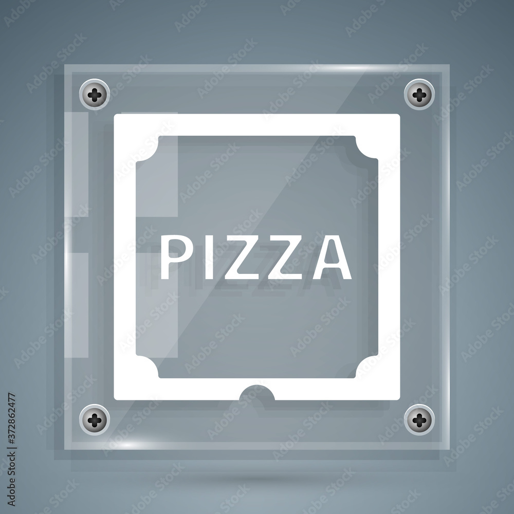 Poster white pizza in cardboard box icon isolated on grey background. box with layout elements. square glas