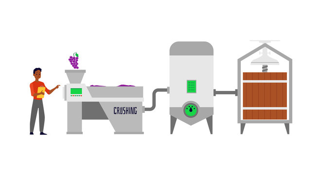 Wine conveyor facilities and barrels, flat cartoon vector Illustration isolated.