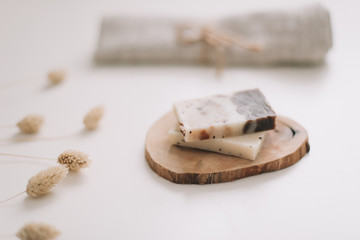 Handmade natural soap on white background. Soap making. Soap bars. Skin care. Natural Organic spa cosmetics products