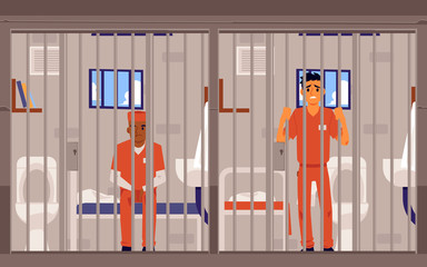 Prison inmates men cartoon characters in jailhouse, flat vector illustration.